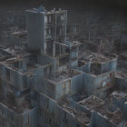 Dystopian landscape with stacked blue-gray buildings