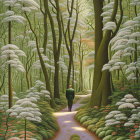 Snow-dusted forest with winding path and golden sunlight