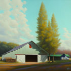 Stylized rural scene painting with barn, outbuilding, trees, and vibrant colors.