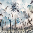 Delicate grasses in watercolor with blue mountains and hazy sky