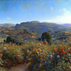 Panoramic landscape painting: hill ruins, greenery, red flowers, river, city, blue