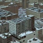 Deserted urban area with snow-covered streets and dilapidated buildings