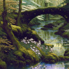 Tranquil forest scene with river, mossy bridge, and blooming trees