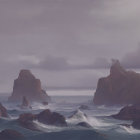 Misty rock formations in serene seascape at dusk