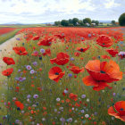 Colorful poppy field painting with winding path, green trees, and blue sky.