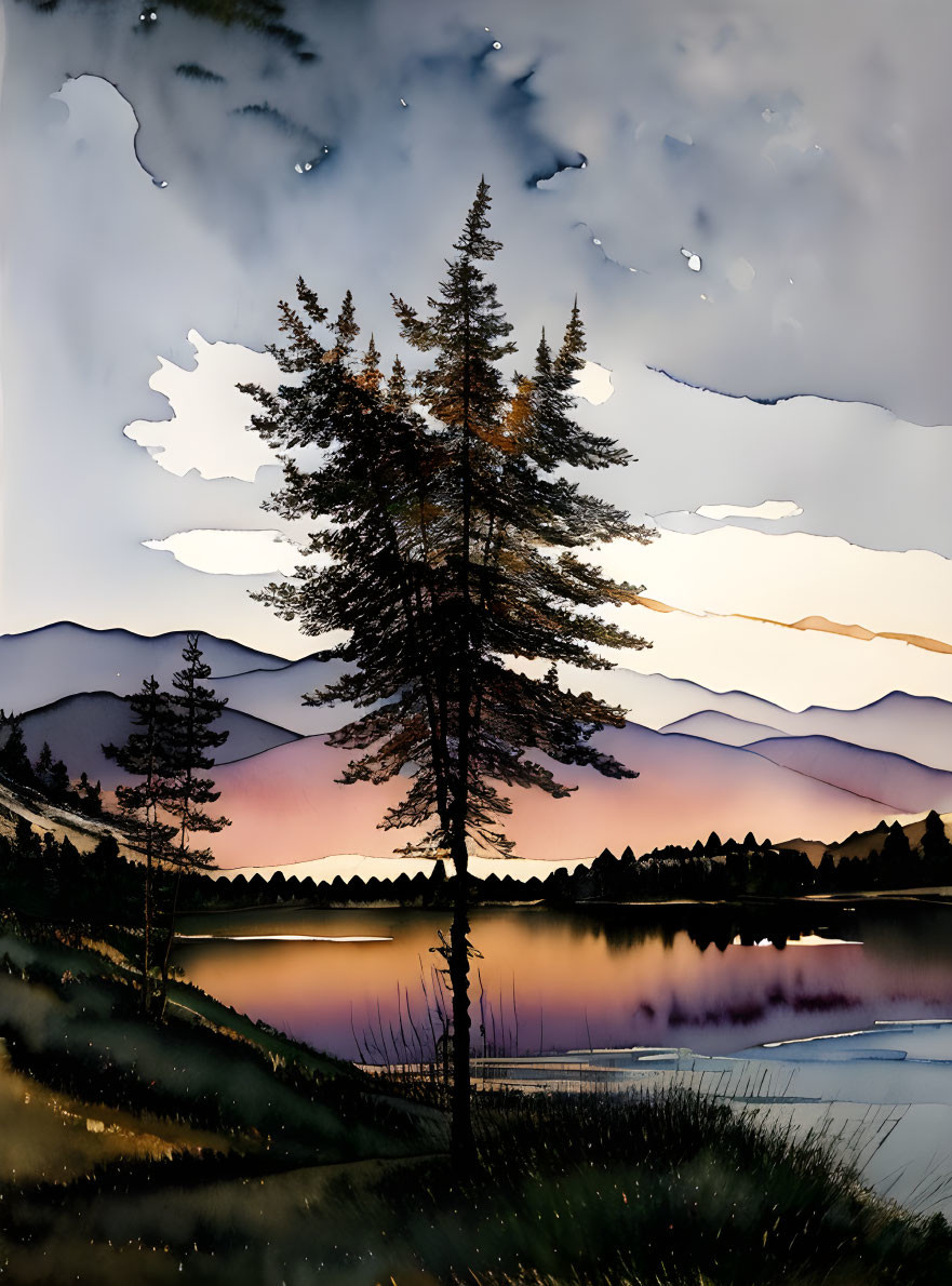 Serene lakeside scene at dusk with silhouetted pine trees, layered mountains, and vibrant