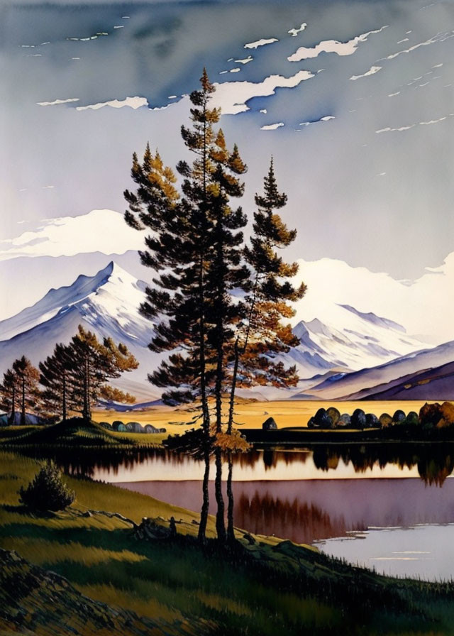 Tranquil landscape painting of pine trees, lake, mountains, and pastel sky