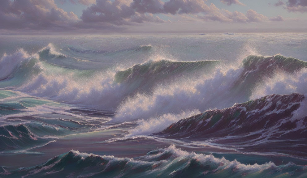 Turbulent Sea Painting with Cresting Waves and Cloudy Sky