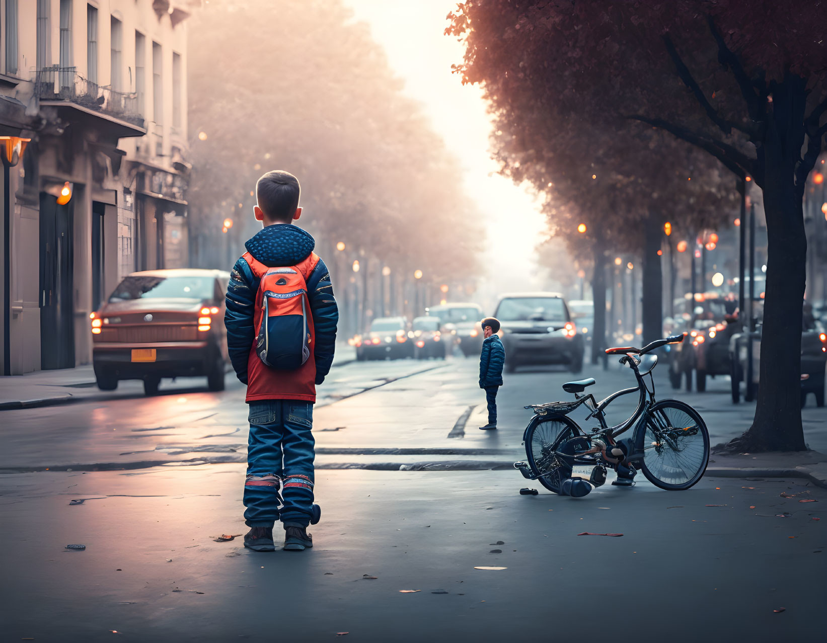 Child with backpack standing on misty urban street as car passes by, another child and bicycle nearby