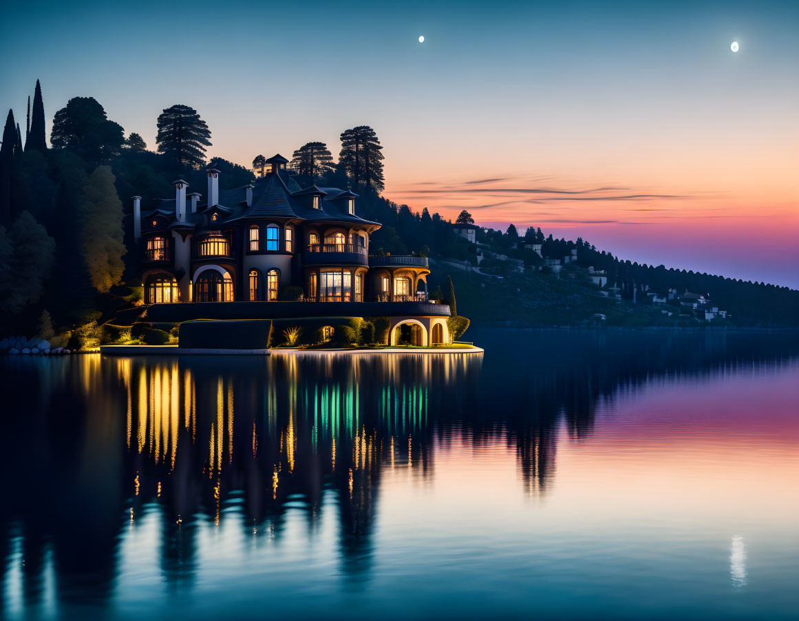 Luxurious multi-story mansion reflecting on calm lake at twilight