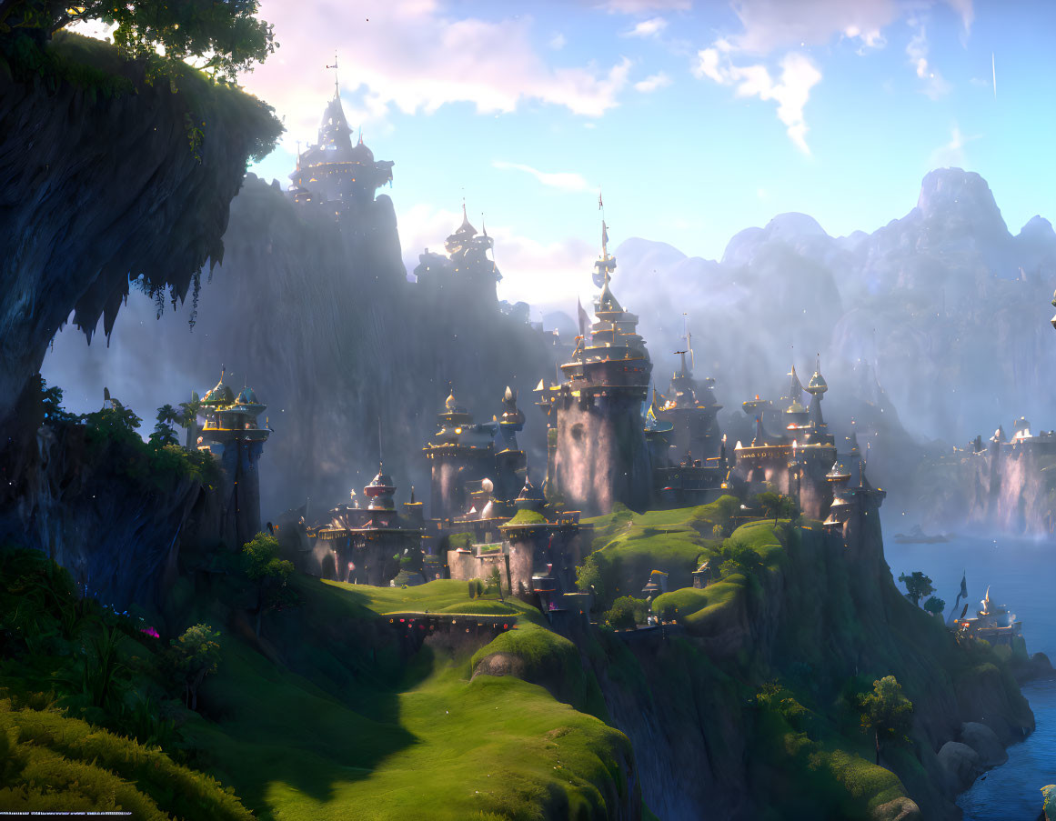 Majestic castles on cliffs in lush fantasy landscape