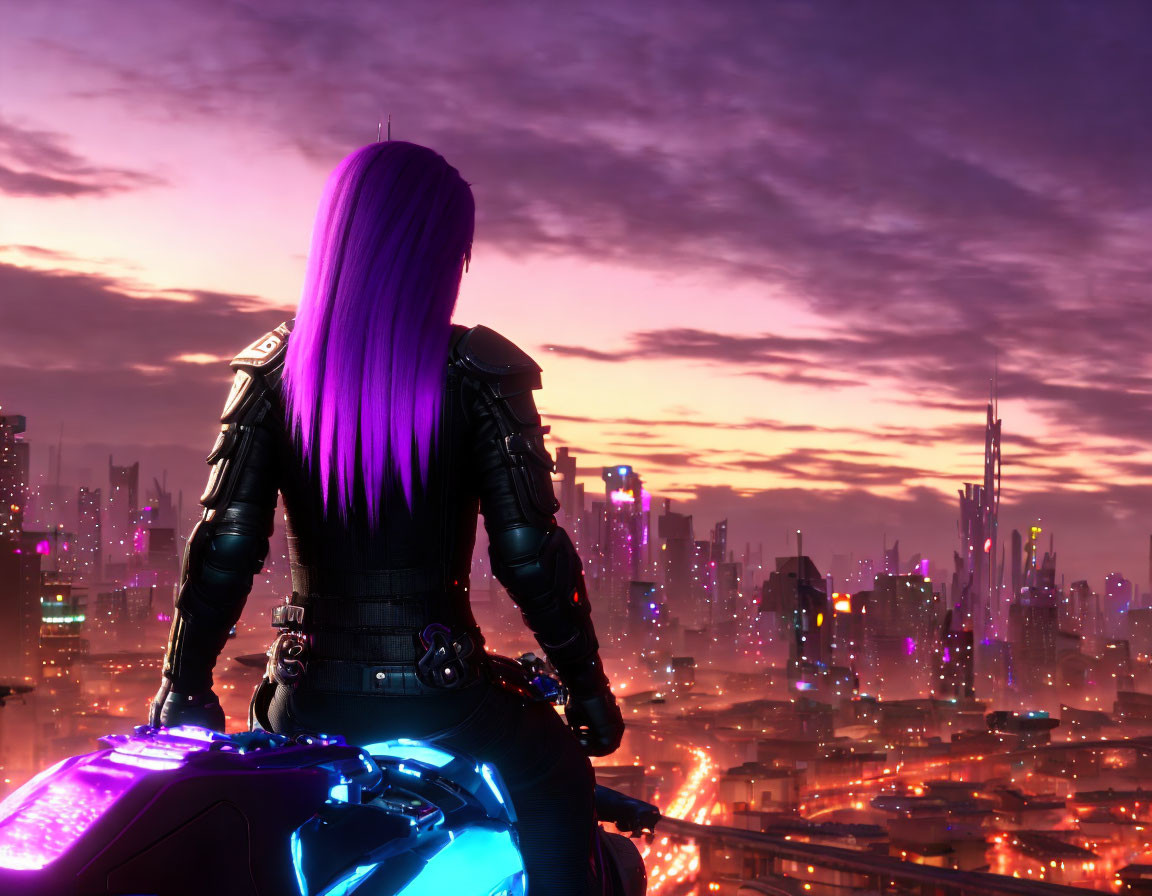 Purple-haired person on motorcycle gazes at neon cityscape at dusk