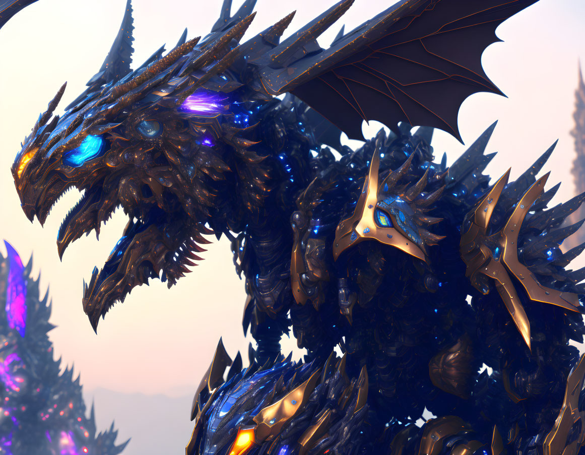 Armored dragon with blue glowing eyes in twilight landscape