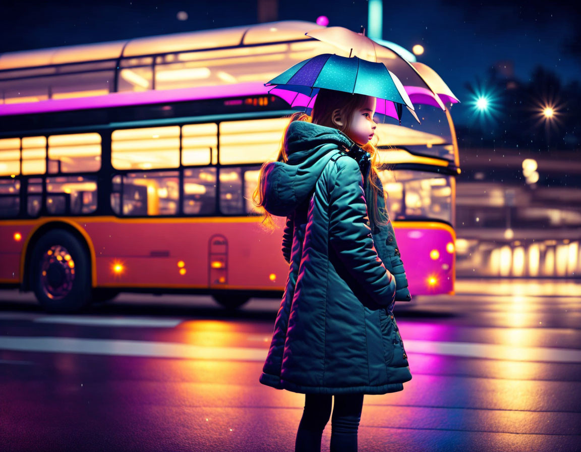 Colorful umbrella person at night bus stop with city bus & vibrant street lights