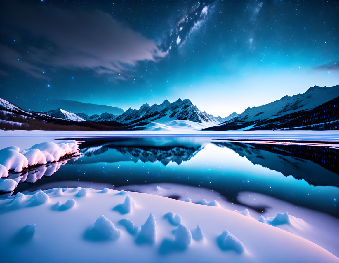 Starry night landscape with mountain lake and snow-covered peaks