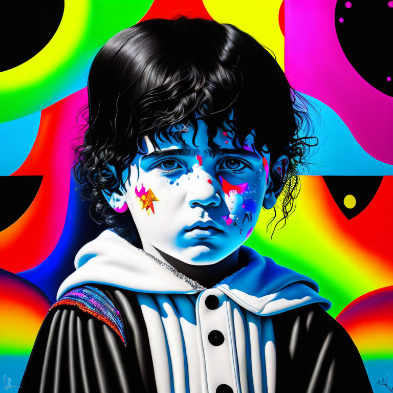 Vibrant digital art: Child with blue eyes and curly hair in neon colors