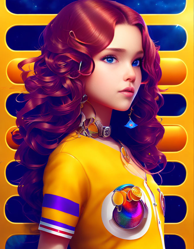 Digital artwork: Woman with curly red hair in yellow outfit on blue background