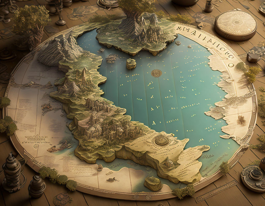 Detailed Fantasy Map with Topographical Features and Symbols in Earthy Tones