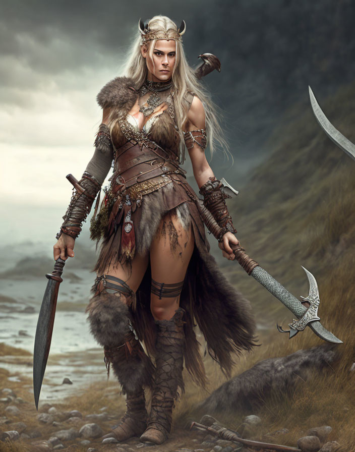 Female Viking warrior in armor wields sword against stormy mountains