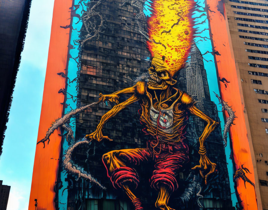 Colorful skeletal figure with flame hair mural on urban building facade