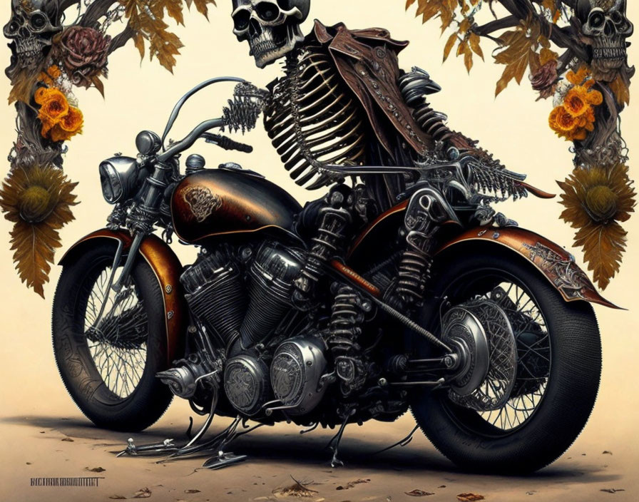 Skeletal figure on classic motorcycle in gothic setting