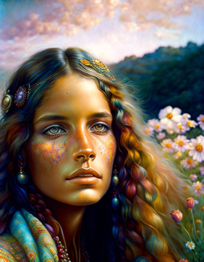 Young woman with intricate jewelry, freckles, flowers, and sunset sky