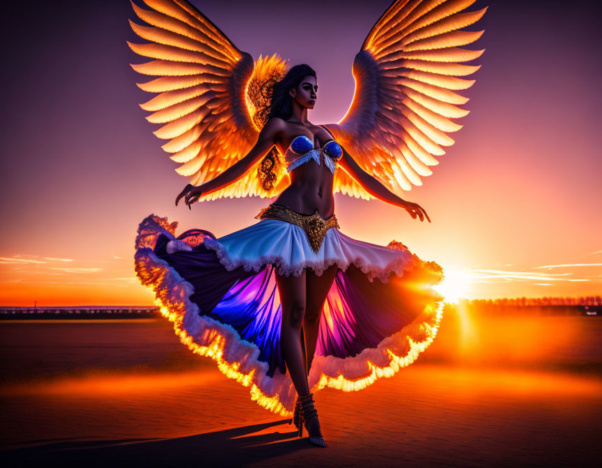 Woman with angelic wings dancing on beach at sunset in vibrant colors