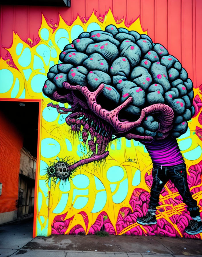 Colorful street art mural of giant brain with tentacle extensions on fiery background