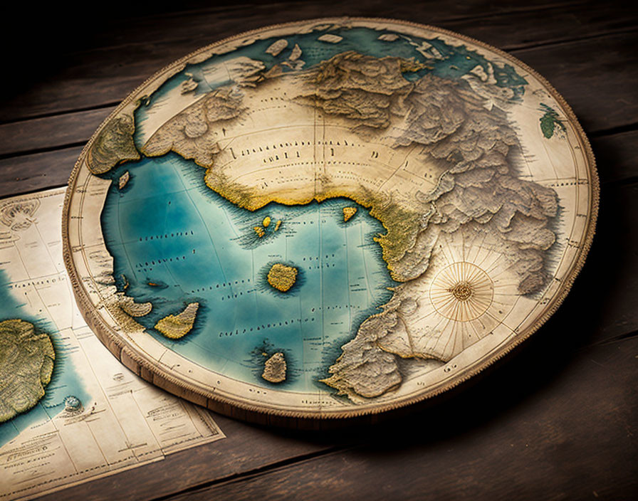 Vintage-style 3D world map with raised relief on wooden background