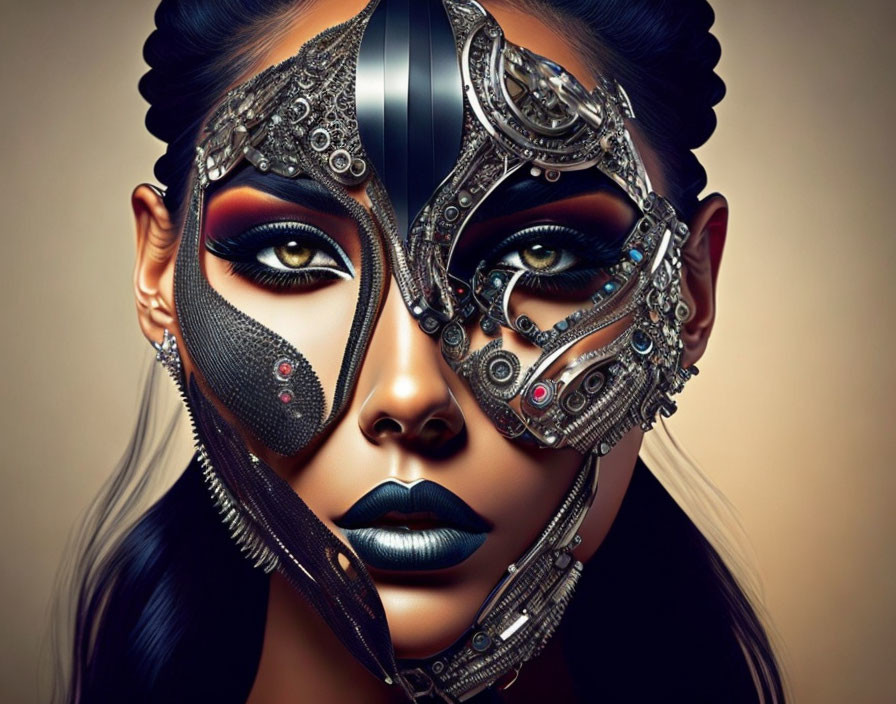 Digital artwork of woman with futuristic cyborg half-face mask and intricate gears.