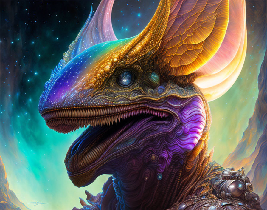 Colorful Fantasy Creature with Elaborate Horns in Cosmic Setting