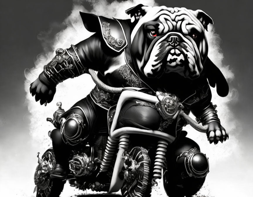 Anthropomorphic bulldog in biker attire on custom motorcycle with floral monochrome backdrop