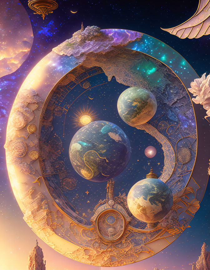 Fantasy Artwork: Celestial-themed Cosmic Portals with Planets and Ethereal Architecture