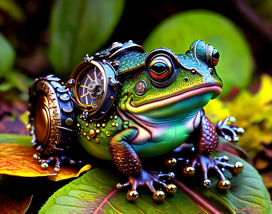 Colorful Mechanical Frog on Leafy Background