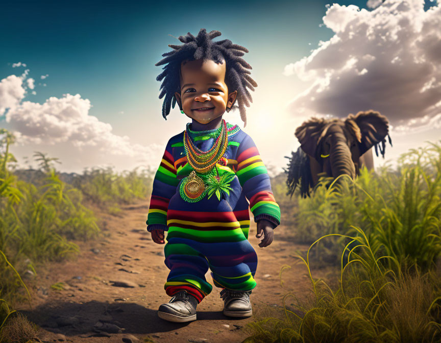 Toddler with dreadlocks in colorful clothes with elephant in sunny background