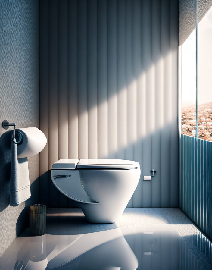 Sleek white toilet in modern bathroom with large window and ribbed walls