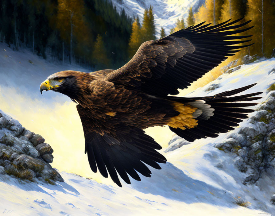 Golden eagle soaring over snow-covered mountains