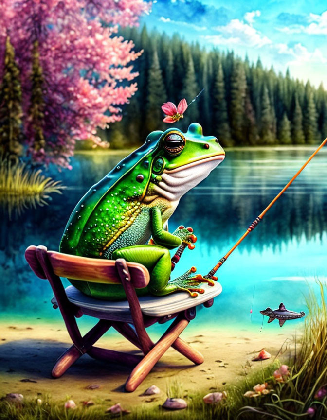 Illustration of green frog fishing by tranquil lake with sakura tree and jumping fish