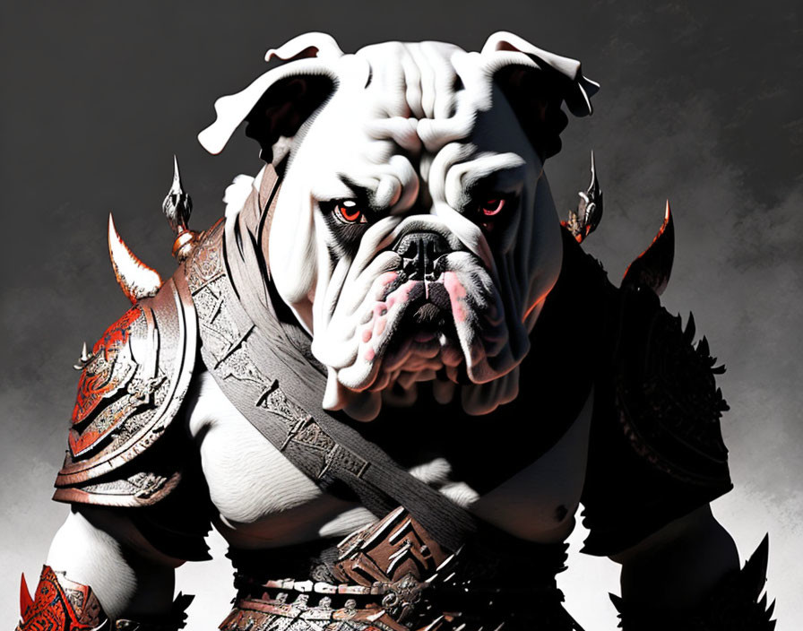 Armored bulldog with horns and spikes on dark background