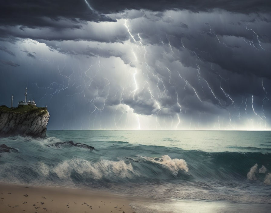 Stormy Seascape: Lightning bolts over ocean waves by cliff with lighthouse