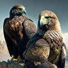 Majestic eagles on rock with mountains and cloudy sky