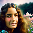 Young woman with intricate jewelry, freckles, flowers, and sunset sky