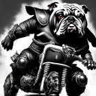 Anthropomorphic bulldog in biker attire on custom motorcycle with floral monochrome backdrop