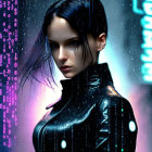 Woman with blue eyes in futuristic outfit against neon-lit backdrop