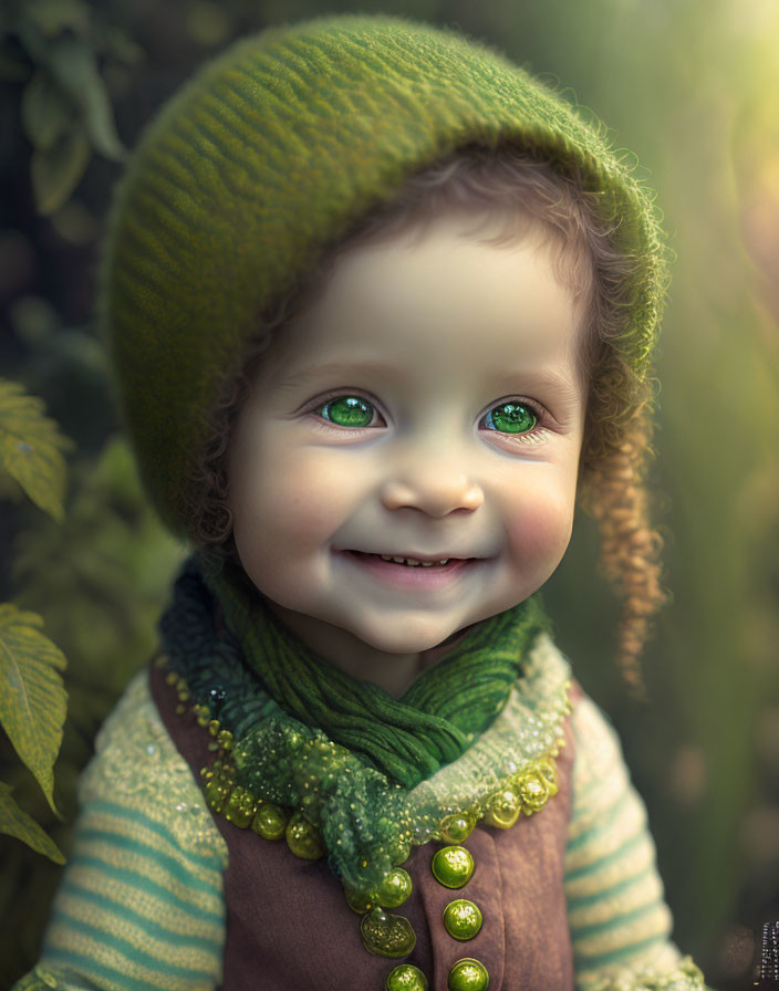 Curly-haired toddler in green hat and vest against nature backdrop