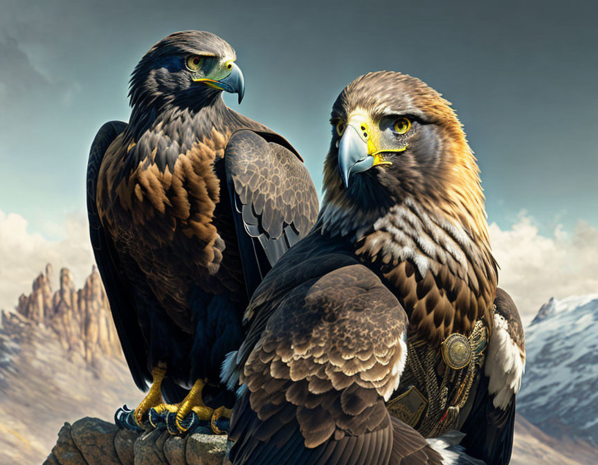 Majestic eagles on rock with mountains and cloudy sky