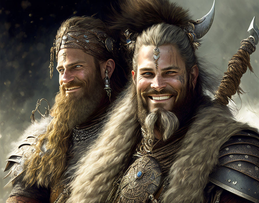 Two smiling Vikings in fur and horned helmets with axes and medieval jewelry