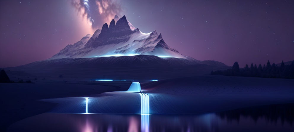 Surreal landscape with glowing blue waterfall, sand dunes, snowy mountains, and starry sky