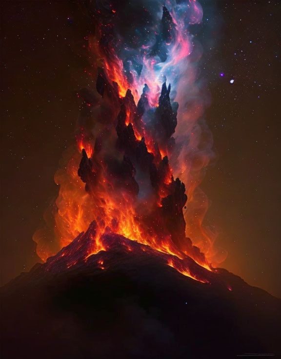 Vibrant volcanic eruption under celestial starry sky