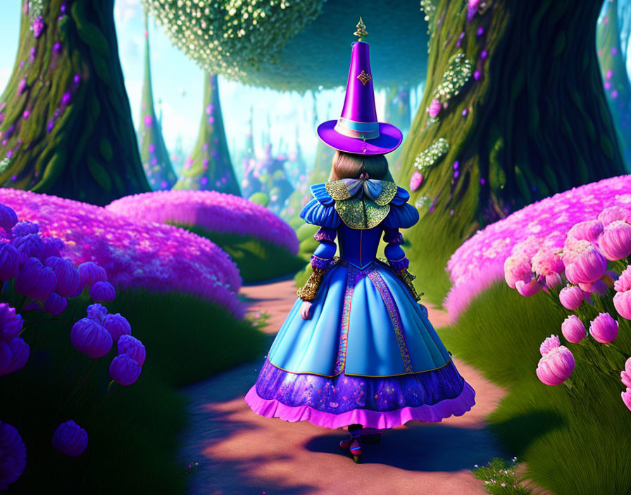 Blue wizard in fancy costume walking among pink foliage in magical forest